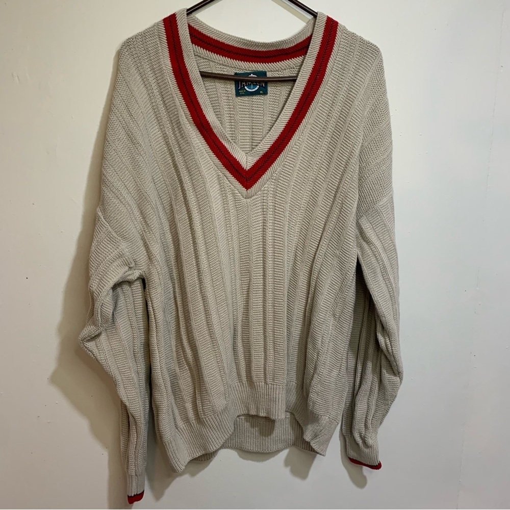 Jantzen Vintage Tennis Nautical Golf Ribbed Chunky Knit Grandpa Sweater Vneck XL